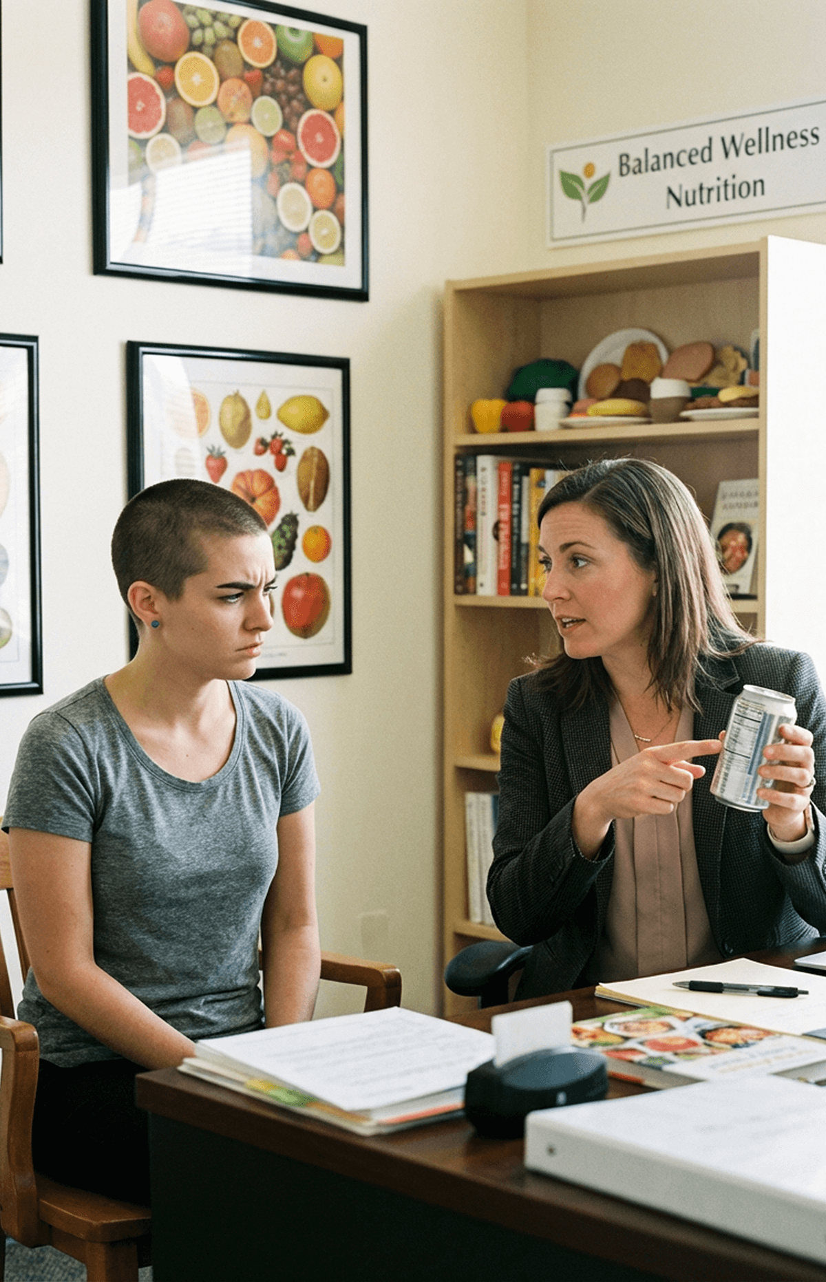 Nutritionist discussing food label with client attentively