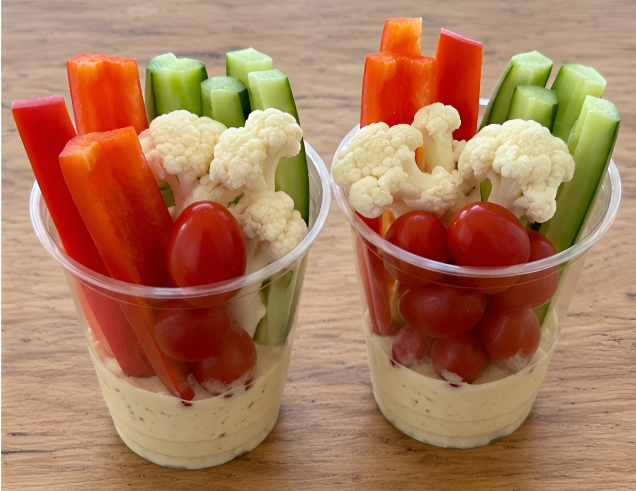 Vegetables and hummus in plastic cups on table