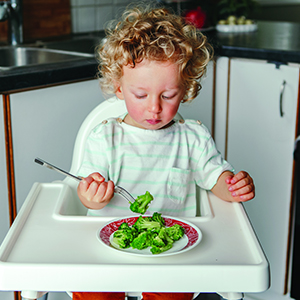 Toddler eating broccoli in a high chair