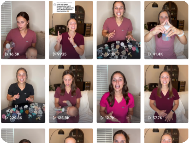 Woman demonstrating baby products in several online video thumbnails