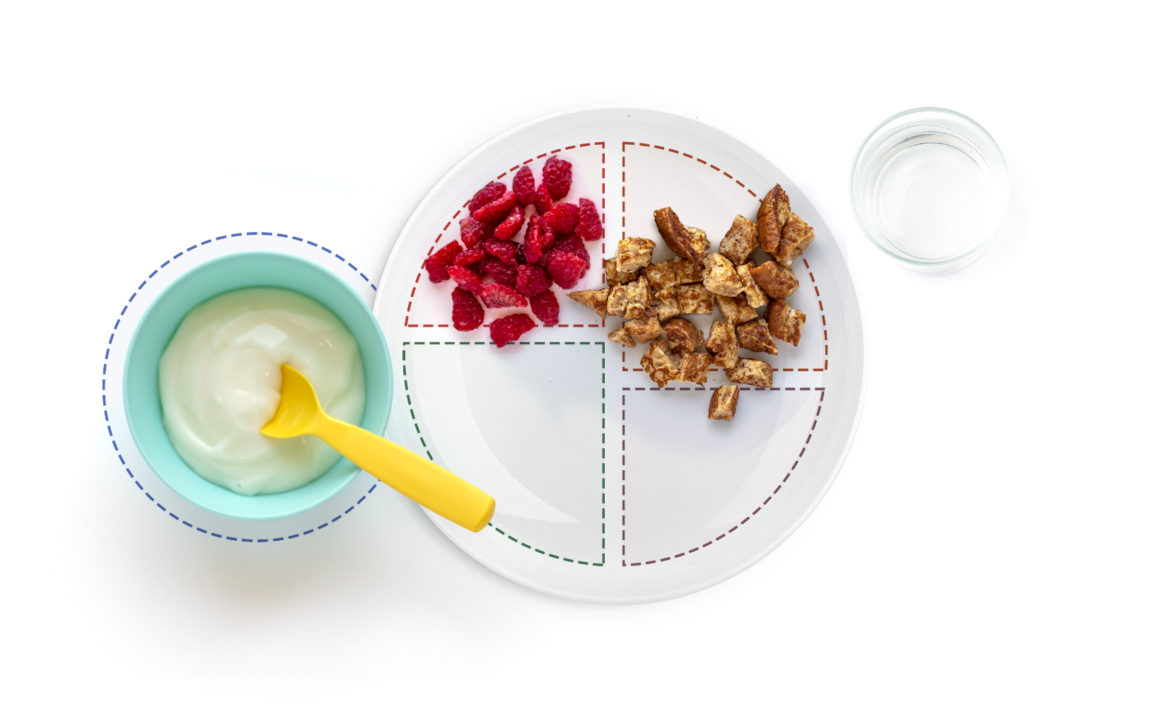 Yogurt with raspberries and cereal on divided plate.