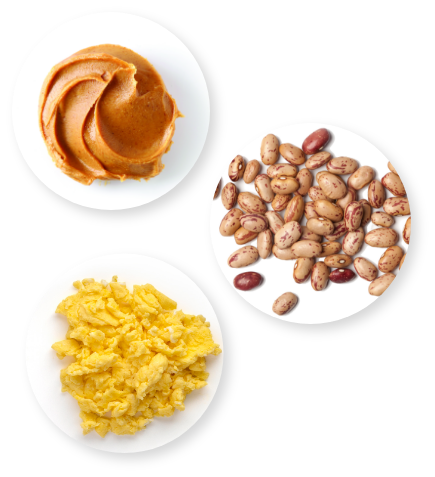 Peanut butter, eggs, and beans on white plates.