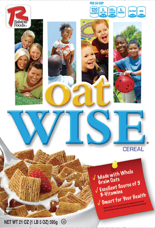 Smiling families above a box of Oat Wise cereal.