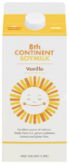 Soymilk carton with a smiling sun illustration.