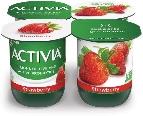 Strawberry yogurt packs promoting probiotics and gut health.