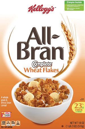 Kellogg's All-Bran cereal box with wheat flakes.