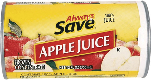 Always Save frozen apple juice concentrate can.