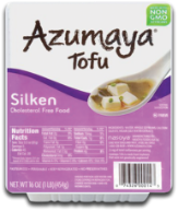 Azumaya silken tofu package with nutrition label visible.
