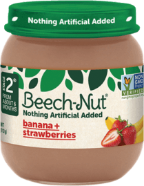Beech-Nut baby food jar with banana and strawberry flavors.