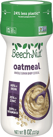 Beech-Nut oatmeal baby cereal container with nutritional highlights.