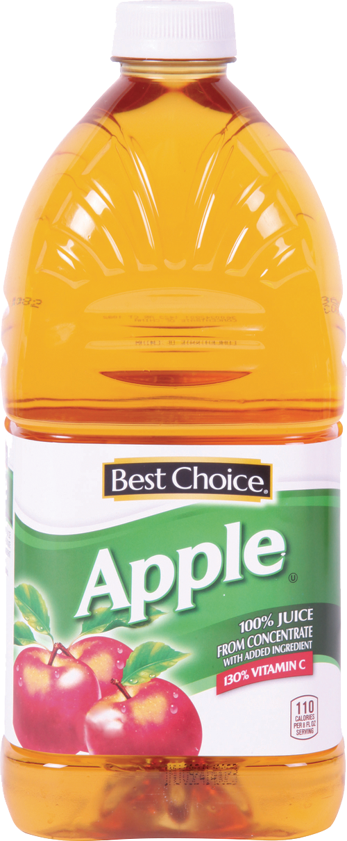 Apple juice bottle with white cap and label.