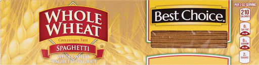 Whole wheat spaghetti package with nutritional information displayed.