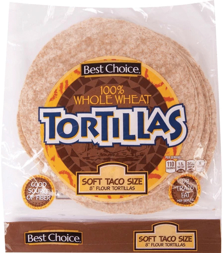 Whole wheat tortillas in a package, soft taco size.