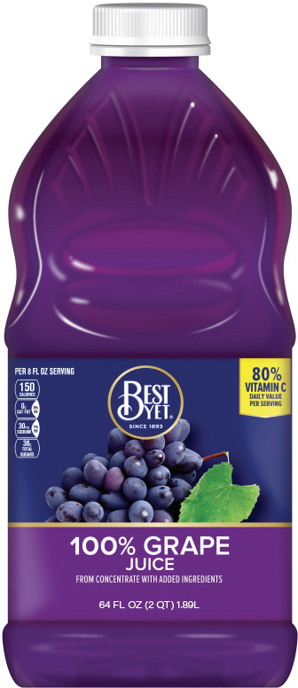 Grape juice bottle with label and nutritional details.