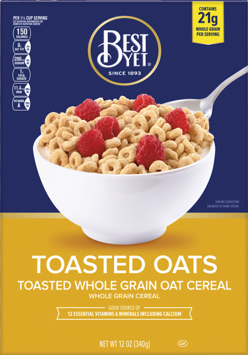 Cereal box featuring toasted oats with raspberries.