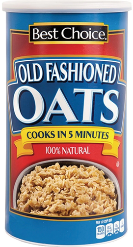 Oats container with cooking time and natural label.