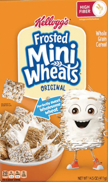 Smiling cereal mascot beside a bowl of Mini-Wheats.