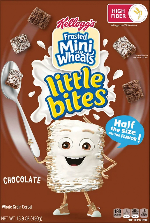 Cartoon cereal character holding spoon, smiling, surrounded by wheat squares.