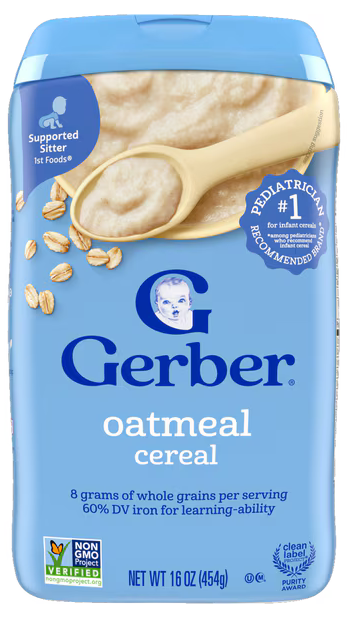 Gerber oatmeal cereal package with spoon and oats.