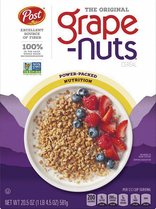 Grape-Nuts cereal bowl with berries on packaging.