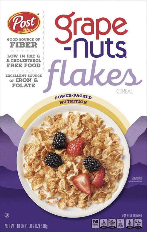 Cereal box featuring Grape-Nuts Flakes with berries.