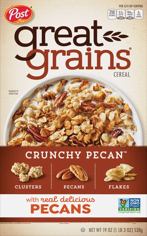 Cereal box featuring crunchy pecan clusters and flakes.