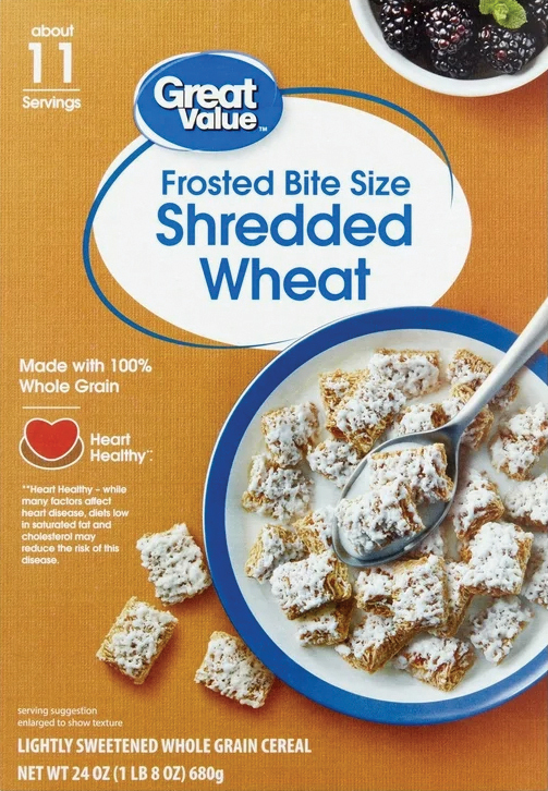 Cereal box featuring spoonful of frosted shredded wheat.