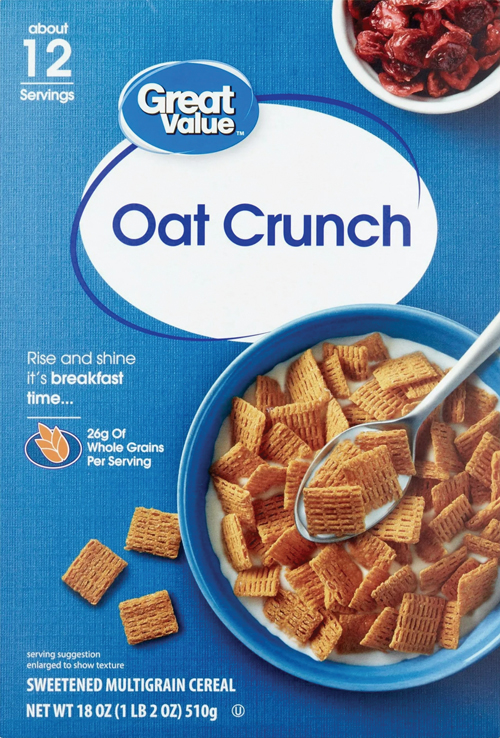Oat Crunch cereal in bowl with spoon, blue background.