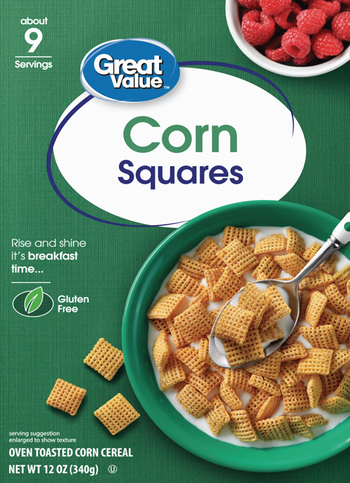 Bowl of corn squares cereal with milk and spoon.