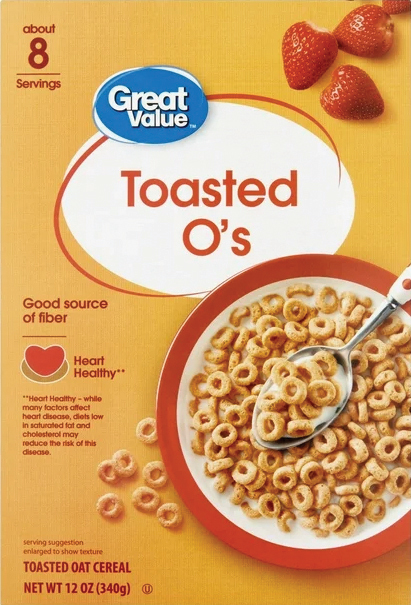 Cereal box with spoonful of toasted oats.