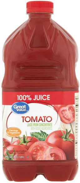 Tomato juice bottle labeled "Great Value" from concentrate.