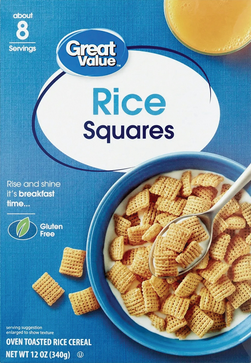 Cereal box with bowl of rice squares.