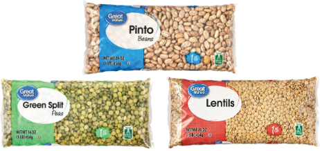 Pinto beans, green split peas, and lentils packaged.