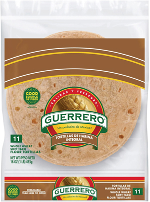 Whole wheat tortillas packaged in a sealed bag.