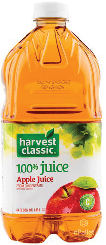 Harvest Classic apple juice bottle with red apple label.