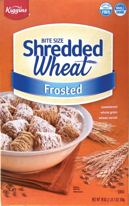 Frosted shredded wheat cereal in a bowl.