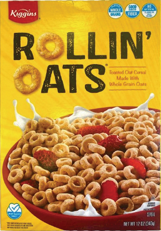 Cereal box displaying bowl of oats with strawberries.