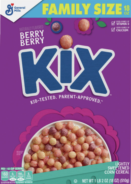 Berry Kix cereal box, family size, 18 ounces.