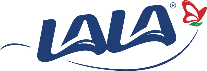 Blue LALA logo with red butterfly.