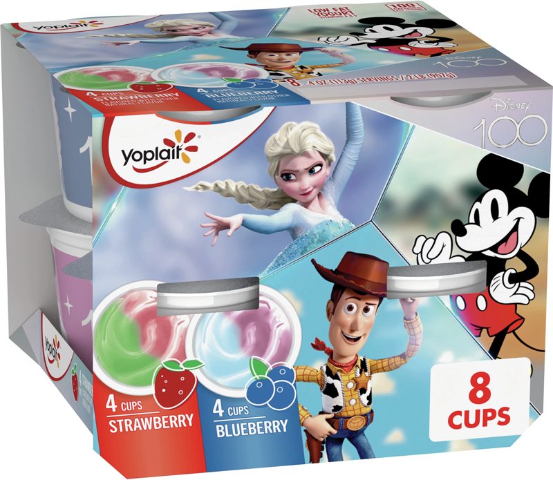 Disney characters on Yoplait yogurt packaging.