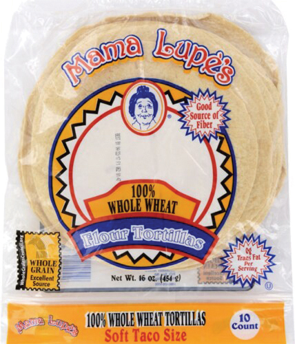 Whole wheat tortillas in clear packaging, soft taco size.