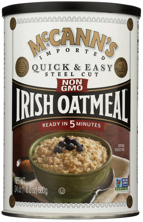 McCann's Irish Oatmeal container with bowl of oatmeal.