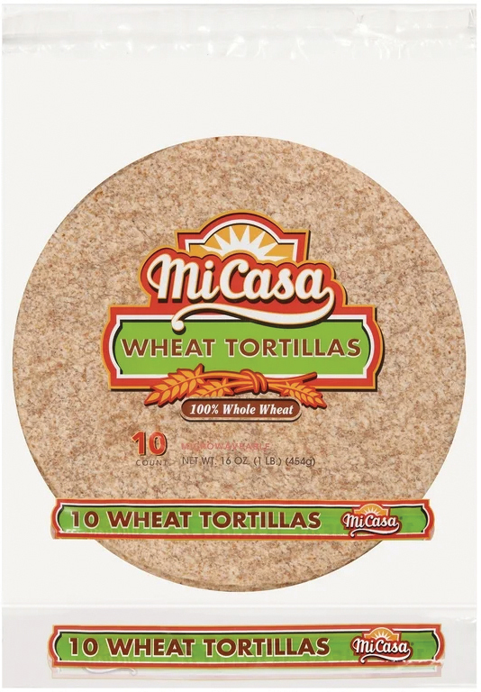 Package of Mi Casa whole wheat tortillas.
