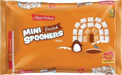 Frosted cereal package with igloo and penguin design.