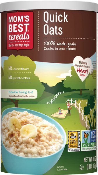 Oatmeal container with bananas and health benefits displayed.
