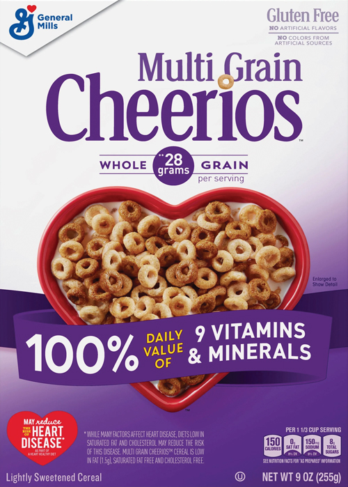Cheerios box with heart-shaped bowl of cereal.