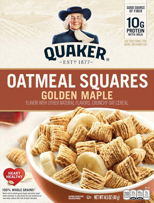 Quaker Oatmeal Squares cereal with banana slices.