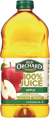 Old Orchard apple juice bottle with label visible.
