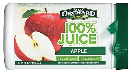 Apple juice container labeled "Old Orchard, 100% Juice."