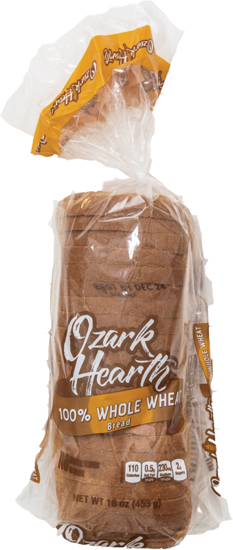 Loaf of Ozark Hearth whole wheat bread in packaging.